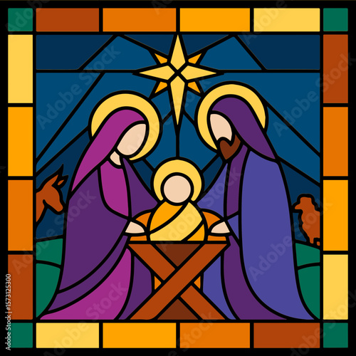 3D Shadow Box, 8 layers – Nativity stained glass with baby Jesus, Mary and Joseph, religious Christmas vector art