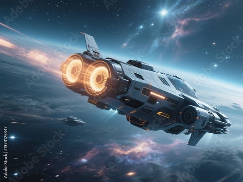 Futuristic Spaceship Soaring Through Nebula, Twin Engines Blazing, Starry Sky