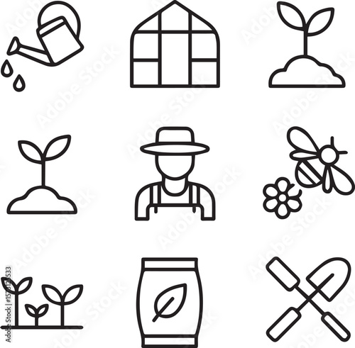 Gardening, Agriculture line icon set. Vector pictograms of grow your own food, watering can, greenhouse, seedling, sprout, farmer, pollination, fertilizer thin linear line art vector illustration 