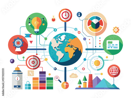 Global business strategy and data analysis infographic with interconnected icons and world map isolated on white background
