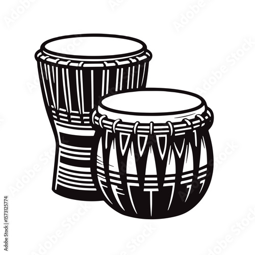 Black and white line art illustration of two djembe drums  