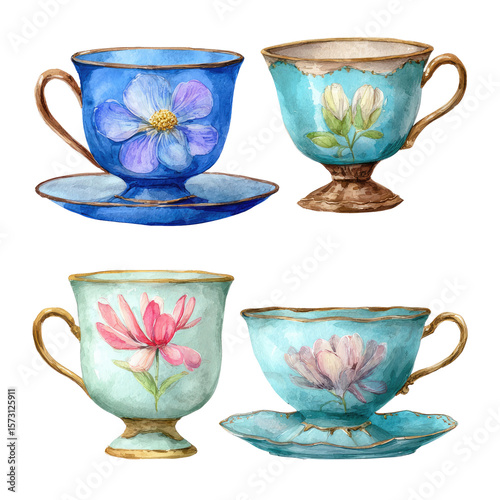 Set of Four Vintage Blue Teacups on Transparent Background, Watercolor Painting