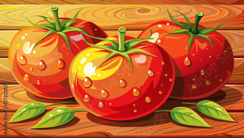 Plump organic tomatoes, deep red and sun-ripened, rest on a wooden surface, with droplets of water beading over their smooth skin, symbolizing garden freshness and summer harvest joy.