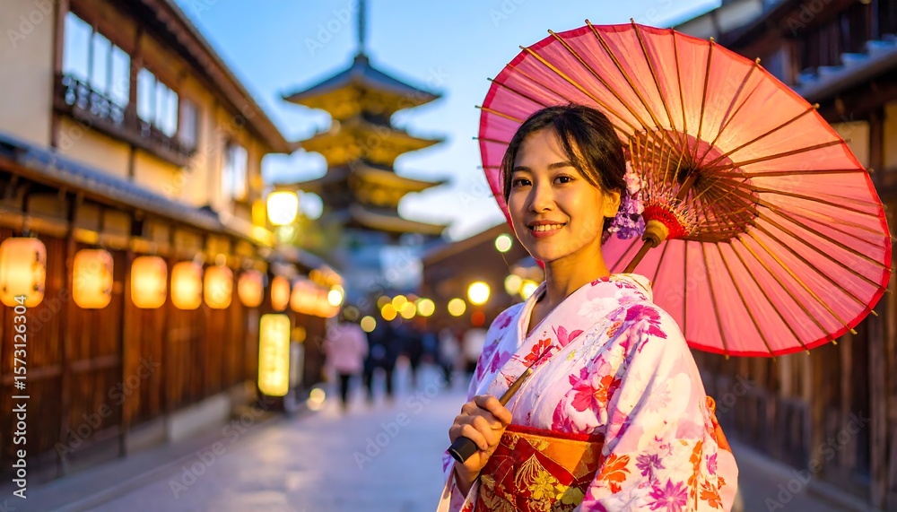 Fototapeta premium Japanese woman wearing traditional kimono and holding a fan in classic cultural attire.
