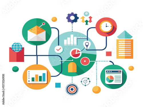 Abstract business infographic with interconnected icons representing data analysis strategy and workflow isolated on white background
