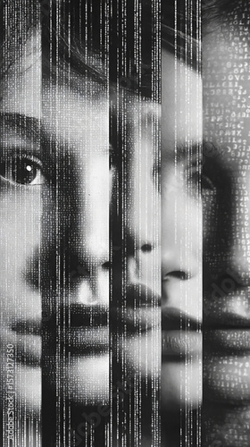 Black and white, high-contrast, close-up of vertical line texture. 3D render of plasticine models of women's faces in profile, with bars behind them. 