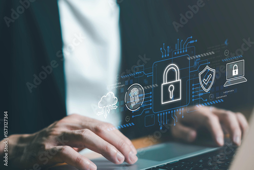 Business person secure technology data privacy to prevent cybercrime. Data security or PDPA compliance. Business and financial information data encryption and authentication.