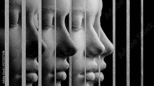 Black and white, high-contrast, close-up of vertical line texture. 3D render of plasticine models of women's faces in profile, with bars behind them. 