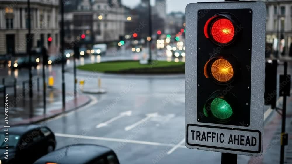 Sequential traffic light signals changing at an urban city intersection during rainy weather