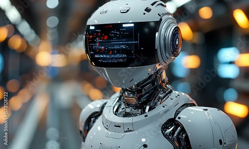 Futuristic humanoid robot stands in a high-tech corridor, illuminated by ambient lights, showcasing advanced design