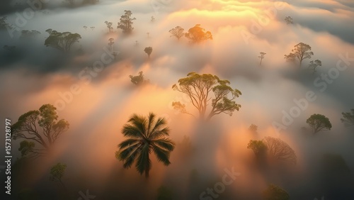 An aerial view of a cloudy rainforest with sun rays coming through the clouds. 