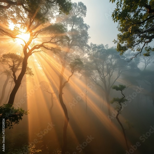 An aerial view of a cloudy rainforest with sun rays coming through the clouds. 