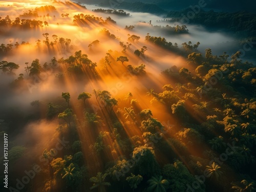 An aerial view of a cloudy rainforest with sun rays coming through the clouds. 