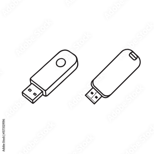 Outlined USB Drives in Digital Art Style Depicting Portable Data Storage Devices and Technological Accessories with White Background