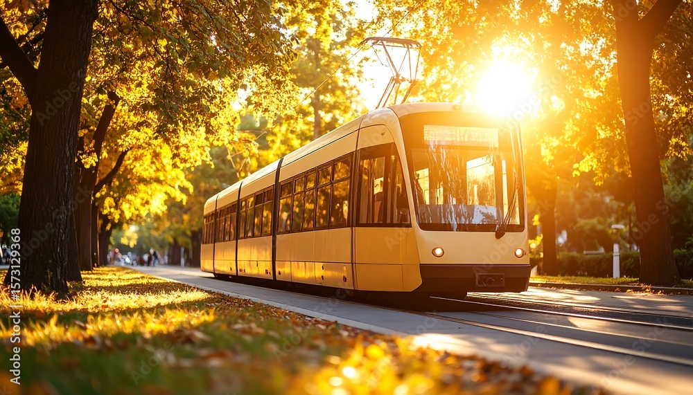 Obraz premium Tram Moving Through City at Sunset with Sun Flare