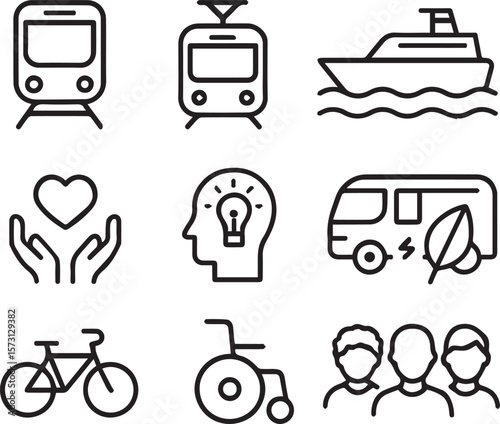 Vehicle public transport line icon set. Vector pictograms of metro, tram, monorail, ferry, bike, wheelchair, electric bus, thin line art vector illustration 