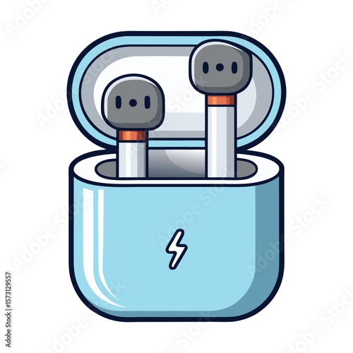Modern light blue wireless earbuds with charging case and lightning bolt symbol
