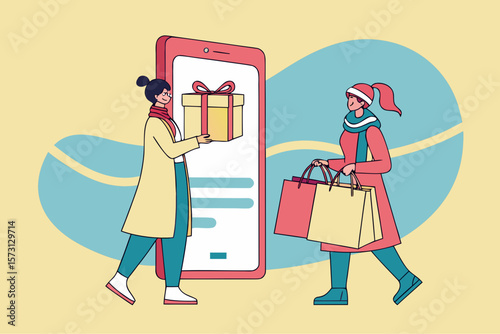 Winter shopping and gift exchange with smartphone online store concept