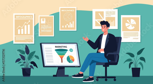 Smiling Man Explaining Marketing Strategy At Workplace Using Computer Screen