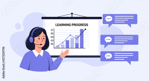Online Training Instructor Presenting Learning Progress Report With Bar Chart