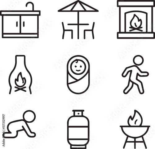 Backyard firepit outdoor features line icon set. Vector pictograms of kitchen, patio, fireplace, chiminea, pizza oven, firewood, propane tank, thin 
