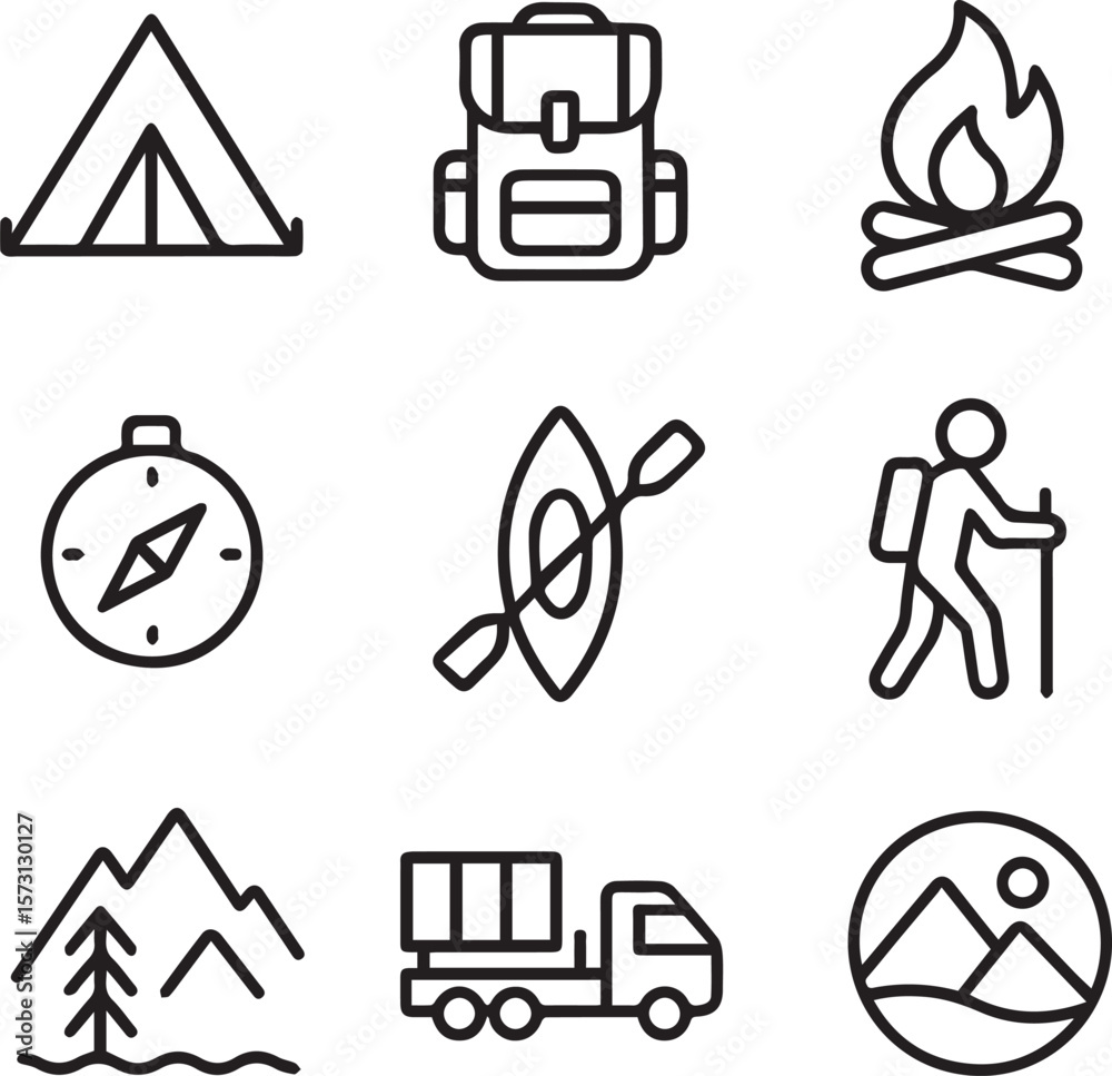 Obraz premium Camping, outdoor adventure icon set. Vector glyph pictograms of eco-tourism, tent, backpack, campfire, compass, kayak, hiking, travel, wilderness exploration line art vector illustration 