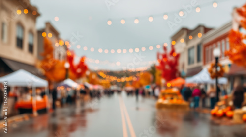 Fototapeta Naklejka Na Ścianę i Meble -  Blurry fall festival street scene with tents and string lights, small town Thanksgiving celebration background for market events, lifestyle visuals, or seasonal promotion