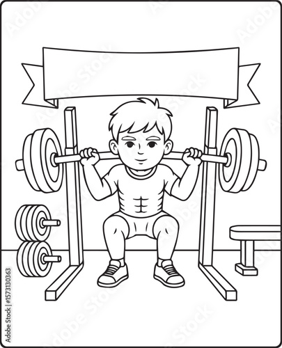 Boy in gym and holding a barbell black line art vector illustration for children coloring page design