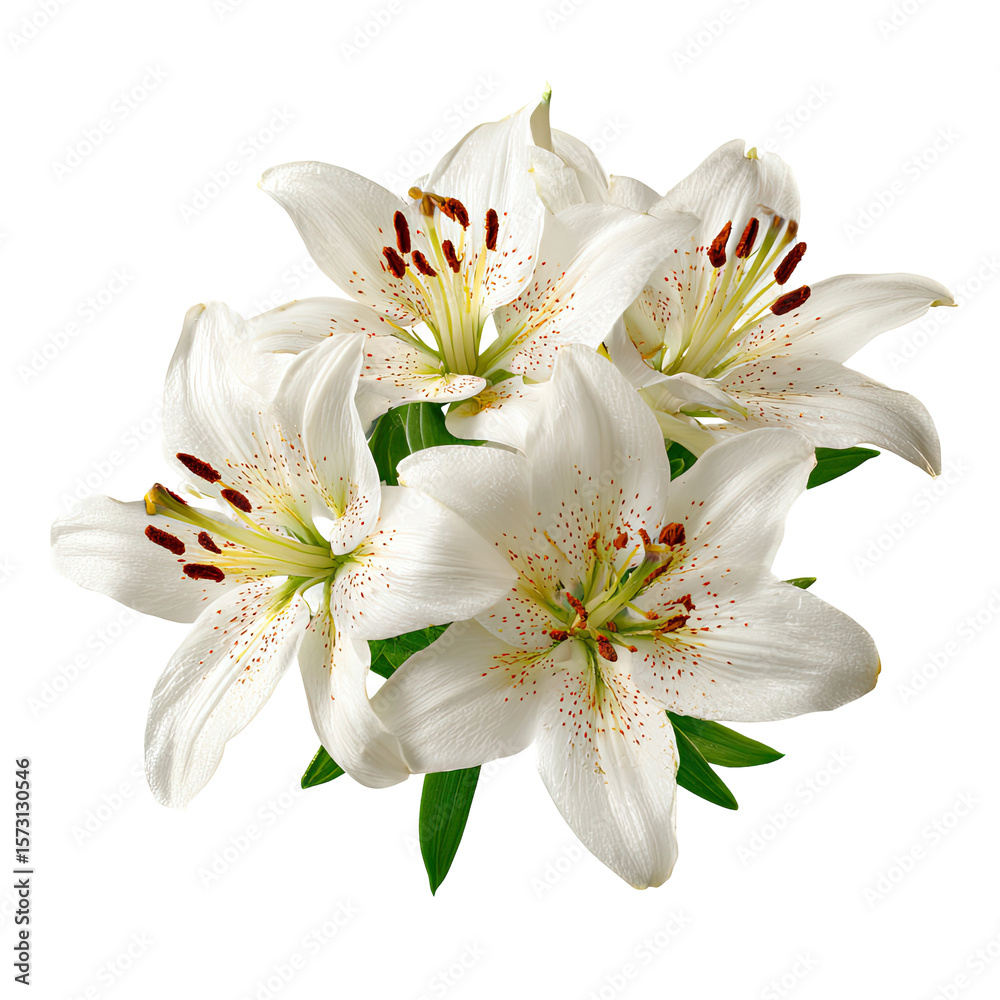 Obraz premium Four White Lilies with Red Specks on a Transparent Background