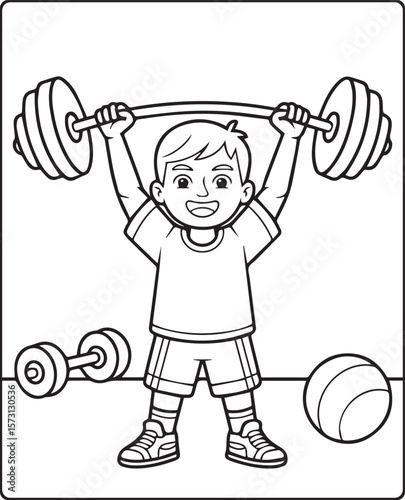 Boy in gym and holding a barbell black line art vector illustration for children coloring page design