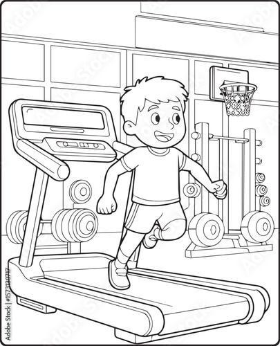 Boy in gym and running on treadmill black line art vector illustration for children coloring page design