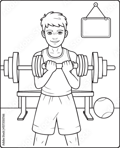 Boy in gym and holding a dumbbell black line art vector illustration for children coloring page design