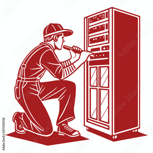 Male Technician Repairing Server Rack in Red Illustration