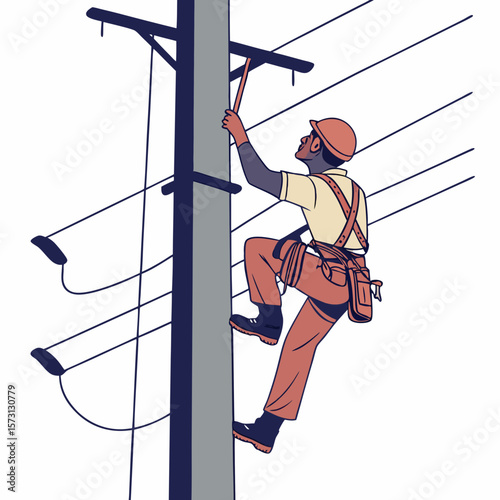 Lineman Climbing Power Pole: Utility Worker in Safety Harness