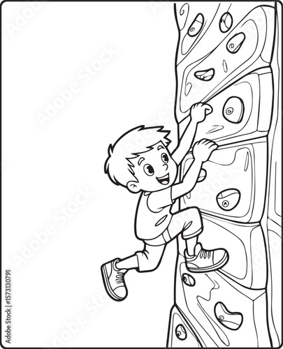 Boy climbing on an artificial wall black line art vector illustration for children coloring page design