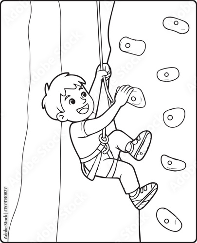 Boy climbing on an artificial wall black line art vector illustration for children coloring page design