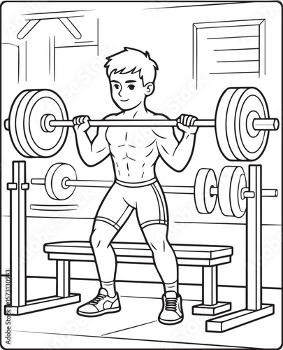 Boy in gym and holding a barbell black line art vector illustration for children coloring page design