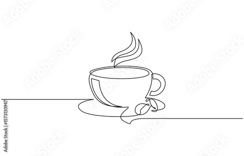 Single continuous line drawing of a cup of coffee drink with coffee beans on ceramic coaster and table, Cup of coffee and coffee beans. Hot beverage. Aroma of coffee. Continuous line drawing.