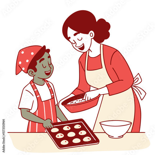 Mother and Son Baking Cookies Together in Kitchen