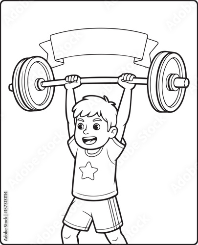 Boy in gym and holding a barbell black line art vector illustration for children coloring page design