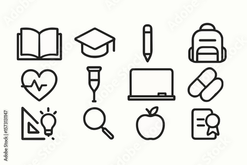 Book and pencil icon set with graduation cap, backpack, chalkboard, and certificate. Perfect for education, school, learning, and student projects. Black silhouette style on transparent background, 