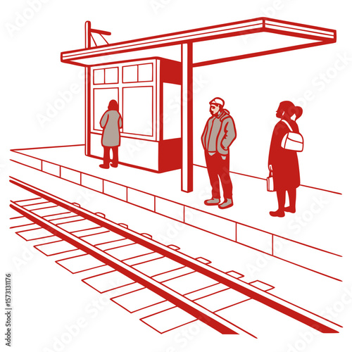 Red Illustration of People Waiting at a Train Station Platform