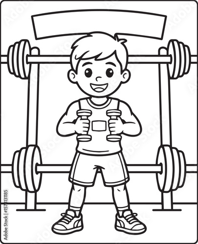 Boy in gym and holding a dumbbell black line art vector illustration for children coloring page design