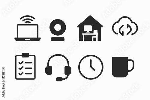 Set of remote work icons including laptop, webcam, home office, cloud, checklist, headset, clock, and coffee cup. Perfect for telecommuting, virtual meetings, and work-from-home designs. 