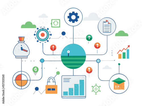 Business strategy flowchart with icons representing finance growth security and operations isolated on white background
