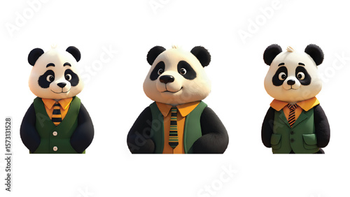 Three charming panda bear characters dressed in formal attire bring an element of whimsy to your creative projects, perfect for branding, mascots, and adorable designs.