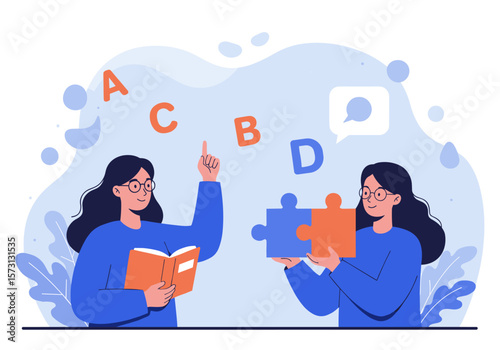 Two women collaborate on education, one reading, the other holding puzzle pieces, with letters floating above, symbolizing learning and teamwork in a creative environment.
