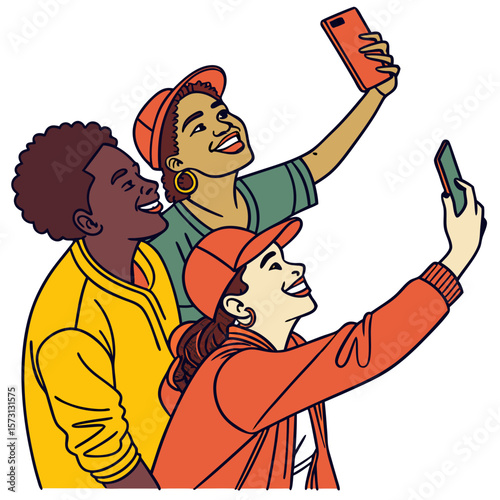 Three Smiling Friends Taking Selfies with Smartphones