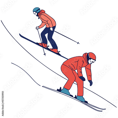 Two Skiers Descending Snowy Slope Illustration