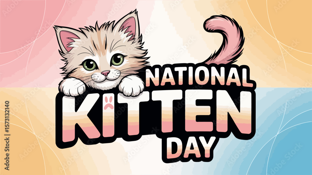 Naklejka premium National Kitten Day Cute Cat Illustration with Playful Typography and Pastel Background